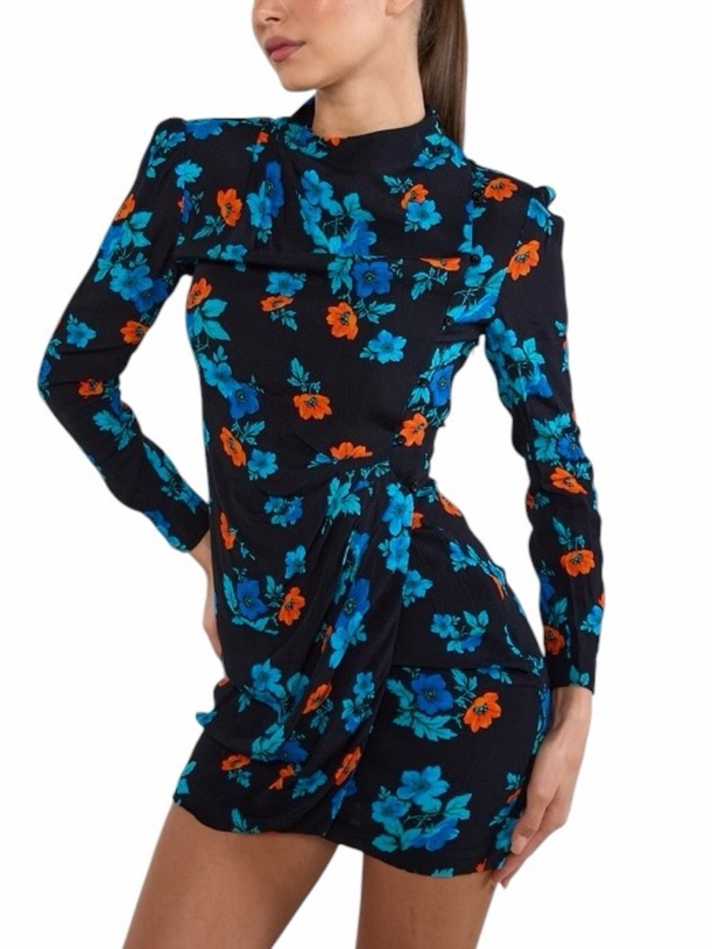 Maje Ripita Asymmetrical Floral Print Mini Dress Black & Blue Floral Sz L